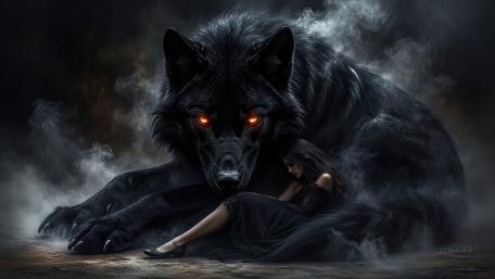 Shadow Guardian Black Wolf with Ember Eyes wallpaper