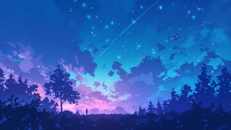 Serene Anime Starry Night With Shooting Star In Blue Hues wallpaper