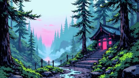 Misty Forest Path to a Glowing Japanese Shrine in Anime Style wallpaper