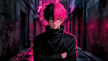 Neon Alley Anime Guy With Split Black And Pink Hair 4K wallpaper