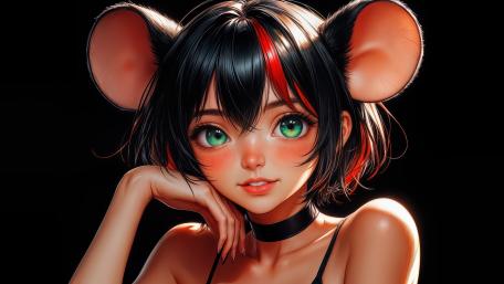 Neon Green Eyes Anime Girl With Mouse Ears On Black wallpaper