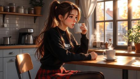 Sunlit Kitchen Morning With Brunette Anime Schoolgirl And Warm Coffee wallpaper