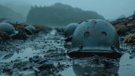 Silent Helmets in Rain Soaked Trenches After the Battle wallpaper