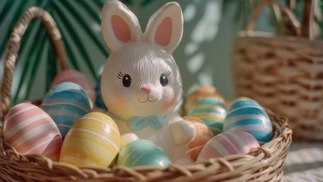 Pastel Easter Bunny in Woven Basket with Striped Eggs wallpaper