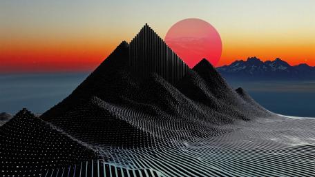 Neon Sunset Over Digital Mountains in Retro Futuristic Synthwave Style wallpaper