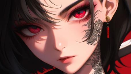 Crimson Gaze Tattooed Anime Girl Close Up Portrait wallpaper