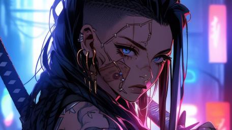 Neon Wired Ronin Cyberpunk Anime Girl in Electric Night City wallpaper