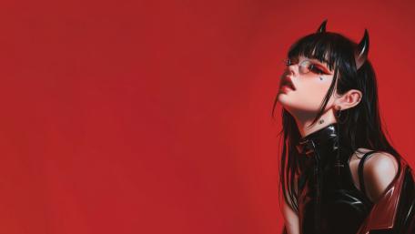 Crimson Horned Muse in Glossy Latex Anime Style 8K wallpaper