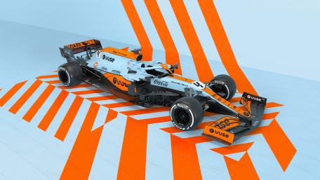 McLaren MCL35 Race Car in Bold Orange and Ice Blue 4K wallpaper