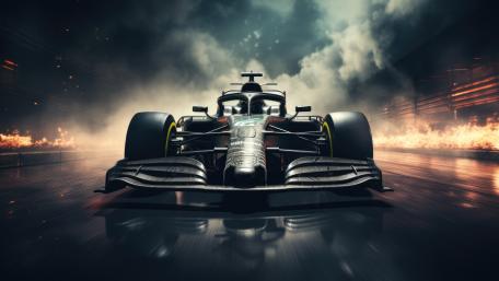 Stormlit Formula One Machine Charging Through Fire and Smoke wallpaper