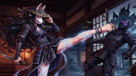 Kitsune Masked Samurai Girl Unleashes a Devastating Ninja Kick wallpaper