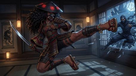 Crimson Ronin Girl Unleashes a Window Shattering Flying Kick wallpaper