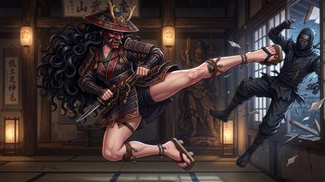 Armored Samurai Anime Girl Delivers a Flying Kick to Shadow Ninja wallpaper