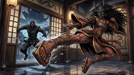 Demon Mask Samurai Girl Kicks Through Shattered Dojo Doorway wallpaper