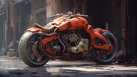 Titan Orange Cyberpunk Motorcycle in Futuristic Cityscape wallpaper