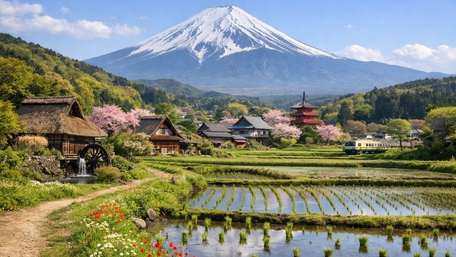Spring Serenity Beneath a Snowcapped Volcano in Rural Japan wallpaper