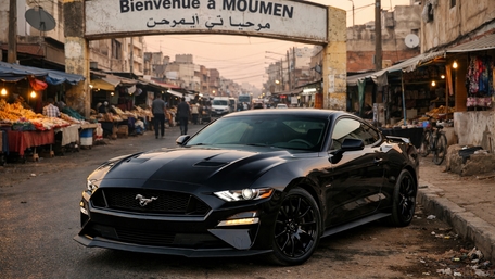 Black Ford Mustang Muscle Car in a Bustling Market Street wallpaper