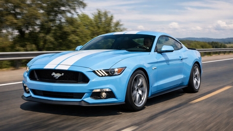 Blue Ford Mustang Racing Stripes on Open Highway Cruise wallpaper