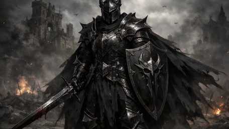 Shadowbound Black Knight Amid Ruined Kingdom and Ashen Skies wallpaper
