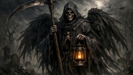 Moonlit Lantern Reaper with Raven Wings in Haunted Graveyard wallpaper