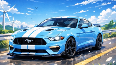 Sky Blue Mustang Anime Cruise on a Sunny Coastal Highway wallpaper