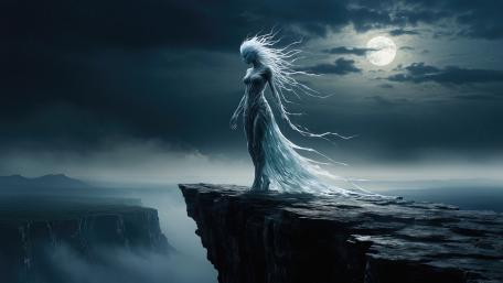 Moonlit Wraith on the Cliff Edge in an Eerie Night Sky wallpaper