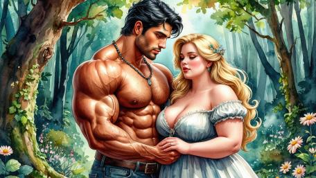 Enchanted Forest Embrace Between Blond Beauty and Devoted Lover wallpaper