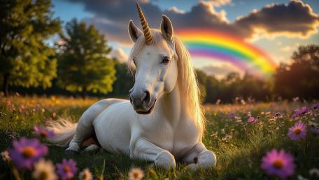 Serene Unicorn Meadow Under a Glowing Rainbow Sunset Sky wallpaper