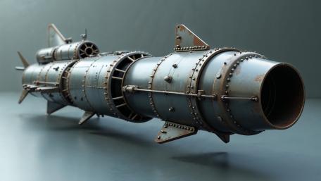Riveted Steampunk Rocket Torpedo in Retro Futuristic Military Hangar wallpaper