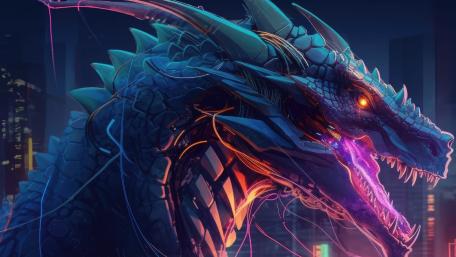 Neon Cyberpunk Dragon Awakens Above the Midnight City Skyline wallpaper