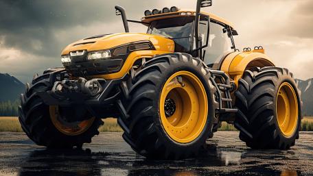 Monumental Yellow Tractor Machine in Stormy Mountain Landscape 5K AI Art wallpaper