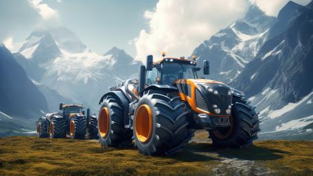 Futuristic Orange Tractor Convoy Through Alpine Valleys in Crisp 5K wallpaper