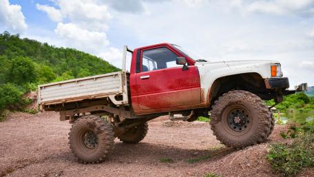 Mud Ready Off Road Pickup Truck in Rugged Countryside 5K wallpaper