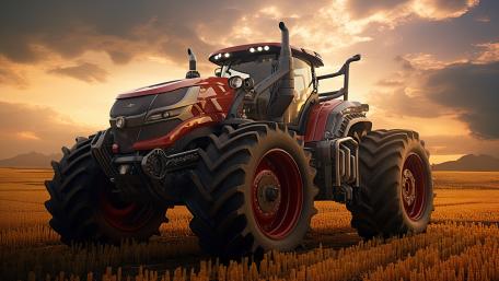 Sunset Powerhouse Tractor in Golden Fields 5K AI Tech Wallpaper wallpaper