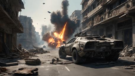 Armored Survivor Car Amid Burning Ruins of a Fallen City wallpaper