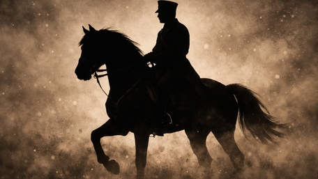 Silhouetted Cavalry Soldier Riding Through Dusty Battlefield Haze wallpaper