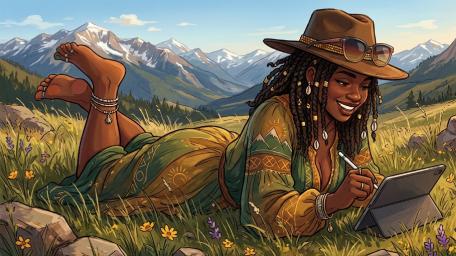 Sunlit Alpine Daydream Anime Artist with Braids and Cowboy Hat wallpaper