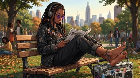 Autumn Park Chill Anime Girl Reading with City Skyline Vibes wallpaper
