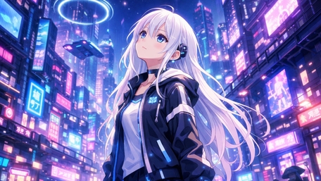 White Haired Cyber Girl Under Neon Skies in Futuristic City wallpaper