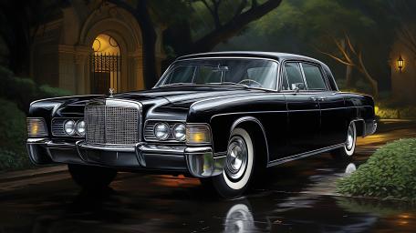 Midnight Elegance Black Classic Sedan in Rainy Garden Driveway wallpaper