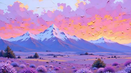 Pastel Anime Valley Under Pink Clouds and Snowy Peaks wallpaper
