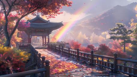 Dreamy Rainbow Countryside Bridge to a Quiet Pagoda Sanctuary wallpaper