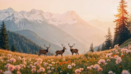 Majestic Stags at Sunrise in an Alpine Wildflower Meadow wallpaper