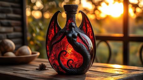 Crimson Dragon Bottle Glowing at Sunset in Enchanted Stillness wallpaper