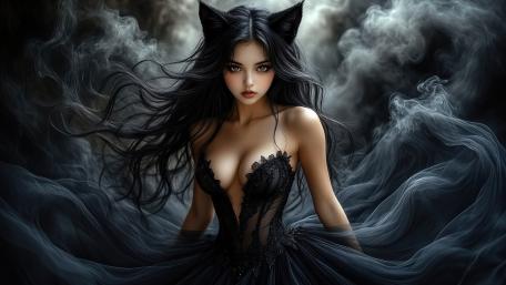 Midnight Cat Eared Goth Enchantress in Whispering Smoke wallpaper
