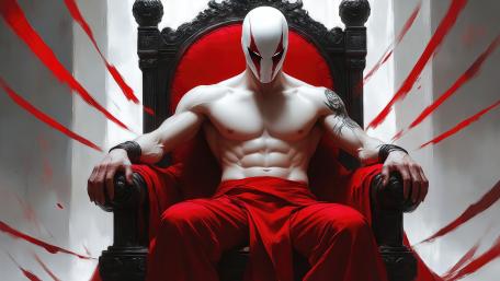 Scarlet Throne of the Masked Sentinel in 4K Fantasy wallpaper