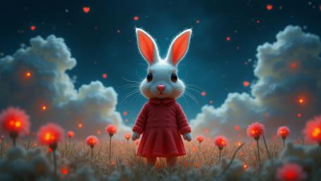 Moonlit Bunny in Crimson Dress Among Glowing Dream Flowers wallpaper
