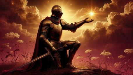Sunlit Oath of the Armored Knight in a Crimson Sky wallpaper