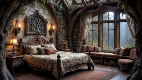 Enchanted Woodland Bedroom Retreat in Cozy 4K Fantasy Style wallpaper