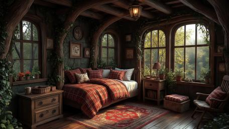 Enchanted Woodland Bedroom Retreat in Cozy Plaid Warmth wallpaper